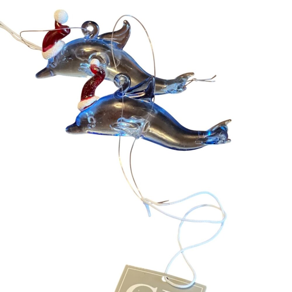 Set Of 2 Gallerie II Dolphin Glass Christmas‎ Ornaments With Santa Hats